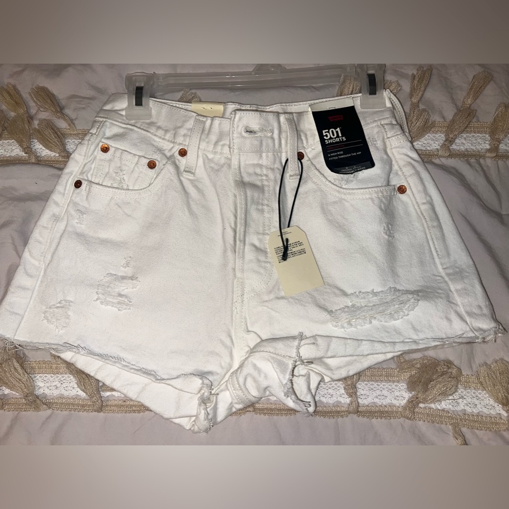 Levi's White High Waist 501 Distressed Denim Shorts